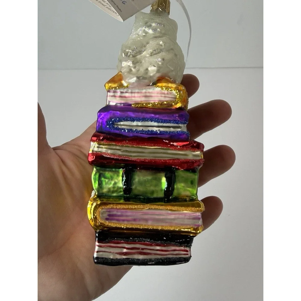Radko Glass HOO DUNNIT Wise Owl on Stack of Books Christmas Ornament